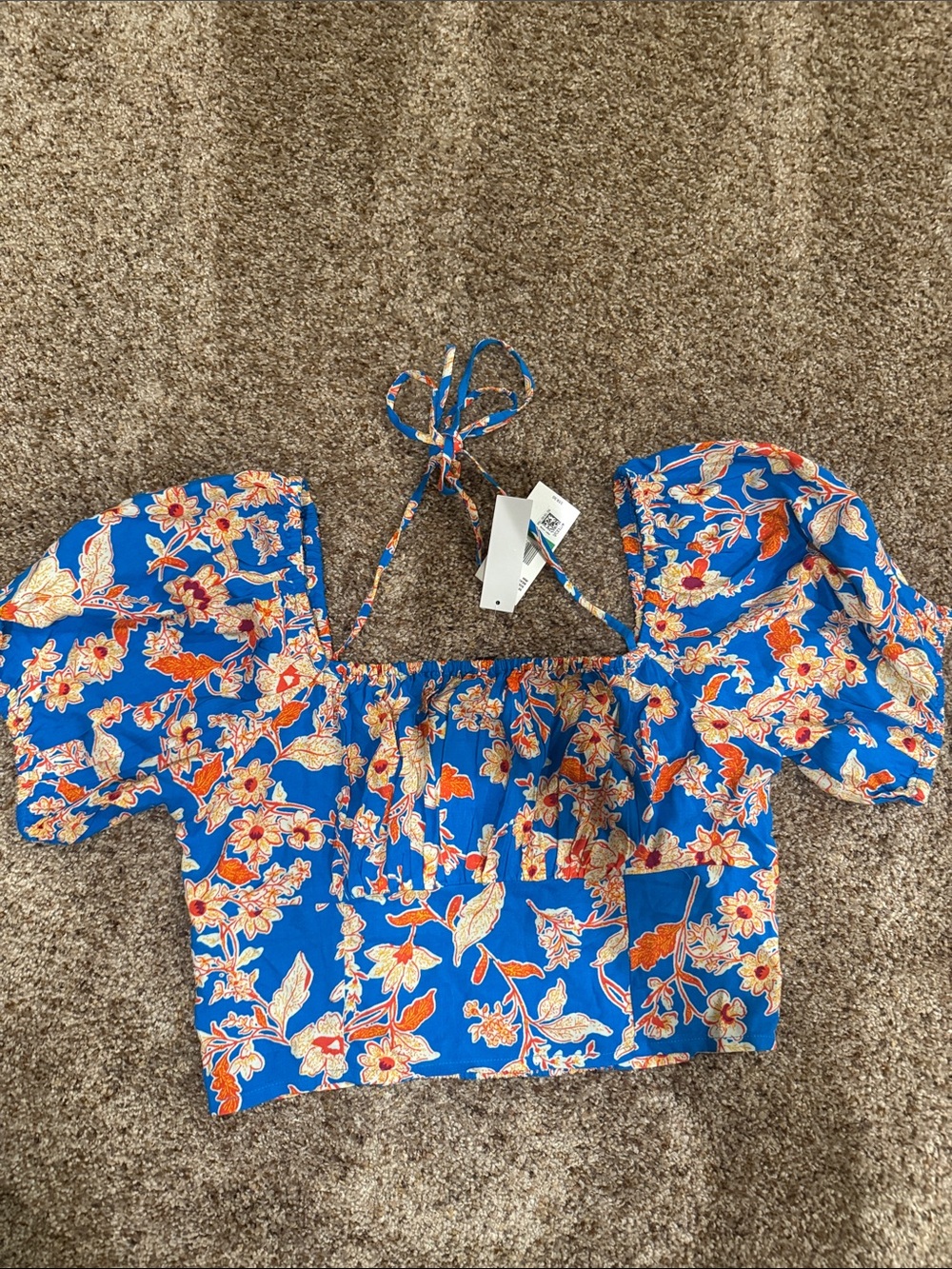 Jessica Simpson Bright Blue Floral Puff-Sleeve Crop Top
